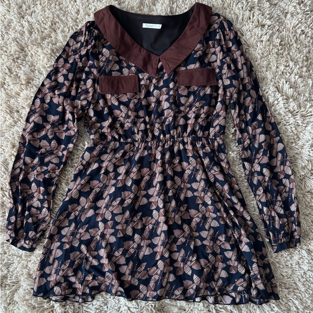 Brown/Navy Pattern Long sleeve Dress